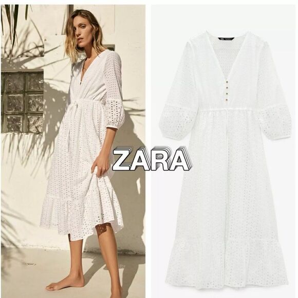 ZARA CUTWORK EMBROIDERY WHITE V-NECK MIDI DRESS - Picture 3 of 8